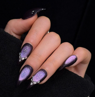 Faux ongles à presser en acrylique, motif œil de chat violet, forme carrée papillon, style stiletto moyen, faits main, réutilisables, personnalisables OEM ODM