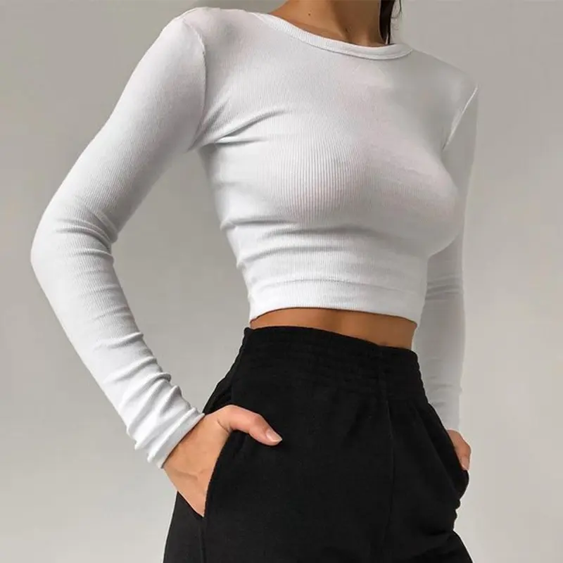 O Neck Long Sleeve Shirt Women Ribbed Sexy Cropped Tops 2021 Spring Black Casual Skinny-Slim-Basic Woman T Shirts White