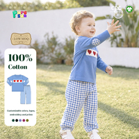 Puresun Faible MOQ Barboteuses pour bébés garçons Saint-Valentin OEM 100% Coton Applique Cœur Gingham Bleu 0-24 Mois Vente en Gros