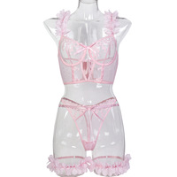 Ensemble de lingerie en maille pour femmes, haut de soutien-gorge en forme de cœur, string et anneaux de jambe, tenues coquines, ensembles sexy et exotiques, lingerie érotique