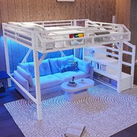 Lit mezzanine Queen avec escalier de rangement, étagères et armoire, cadre de lit mezzanine en métal avec ports USB et éclairage LED, ODM/OEM disponible