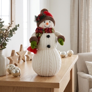 Rustic Red Fur-Trimmed Hat Snowman Plushie with <b>Green</b> Mittens for Cozy Winter <b>Table</b> Decor Wholesale - Product Image 3