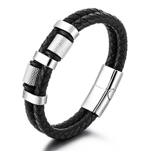 Black Double Layer Woven Leather Bracelet Titanium Steel <b>Magnetic</b> <b>Clasp</b> Men's Hip Hop Jewelry Gift - Product Image 1