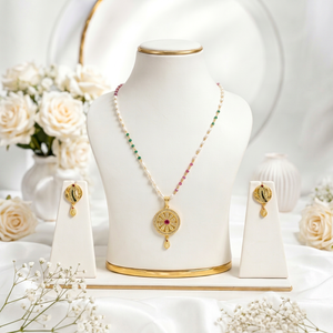 Gold Plated Vintage Jewelry Set With Zircon Pendant <b>Necklace</b> and Earrings For Women Wedding Style Imitation Pearl Beaded <b>Chain</b> - Product Image 1