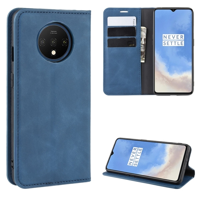 For OnePlus 7T Retro-skin Business Magnetic Suction Leather Case With Purse-Bracket-Chuck