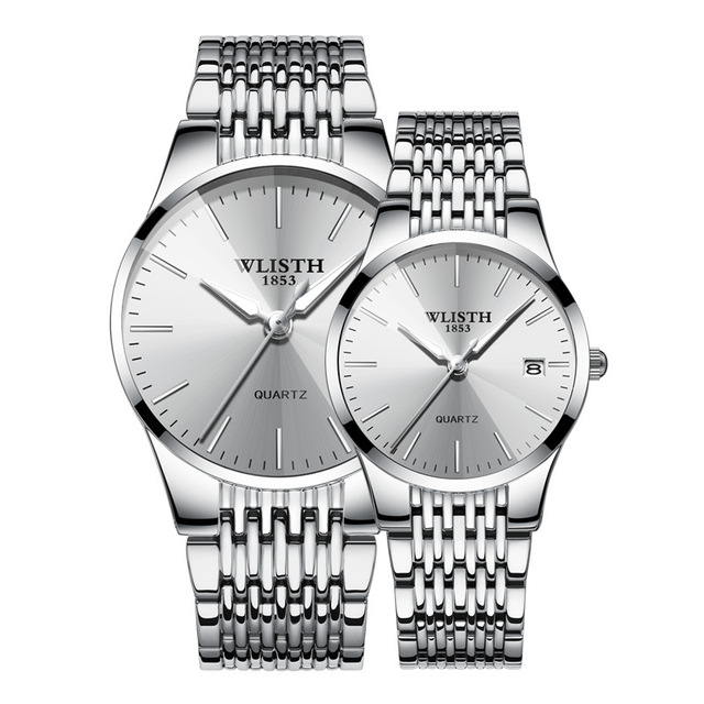Wlisth Q358 Luxury Couple Stainless Steel Strap Lovers Date Japan Quartz Women and Men Simple Dial Analog Lover's Wrist Watches