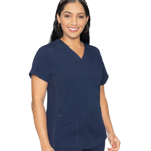 Blouse d'hôpital pour femme, col en V, manches courtes, bleu marine, coton et polyester tissé, avec poches - Product Image 1