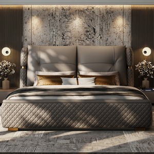 <span class=keywords><strong>Lit</strong></span> double King Size en cuir véritable <span class=keywords><strong>gris</strong></span> personnalisé avec dossier souple rembourré à la main avec cadre en bois design moderne - Product Image 3