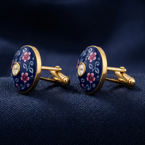 Boutons de manchette de luxe personnalisés faits à la main en laiton, style poterie bleue de Jaipur, émail floral, cristal, pour homme, pour occasions formelles, fêtes, anniversaires - Product Image 5