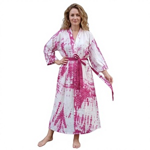 Women's <b>Pink</b> Tie Dye Full Length Robe V-Neck Three Quarter Sleeve Soft Woven Cotton Casual Sleepwear - Product Image 1