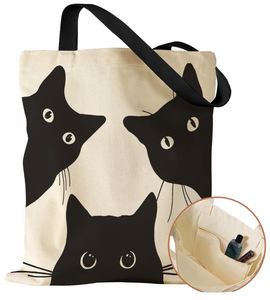 Sac fourre-tout en toile à imprimé animalier avec logo personnalisé, bandoulière et fermeture éclair, poche intérieure pour femme, taille moyenne, motif chat noir - Product Image 1