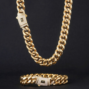 <span class=keywords><strong>Set</strong></span> <span class=keywords><strong>Collana</strong></span> <span class=keywords><strong>e</strong></span> <span class=keywords><strong>Bracciale</strong></span> Miami Cuban BES 6-14mm, Catena Monaco Cuban Link in Acciaio Inox Placcato Oro 14K 18K, Stile Hip Hop per <span class=keywords><strong>Uomo</strong></span> - Product Image 1
