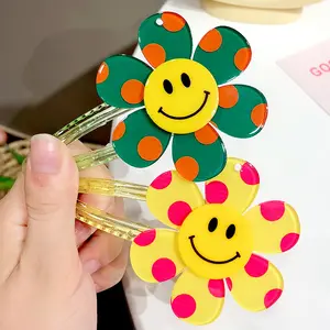 Venta al por mayor de horquilla de punto ondulado bonita cara sonriente acrílico mujeres horquillas dulce Color caramelo niñas Clip regalo girasol pinza de pelo