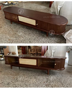 Mueble para TV de Madera Maciza de Fresno Estilo Japandi Wabi-Sabi Canadiense, Color Marrón Oscuro Elegante, con Paneles de Ratán y Detalles de Acero Inoxidable - Product Image 5