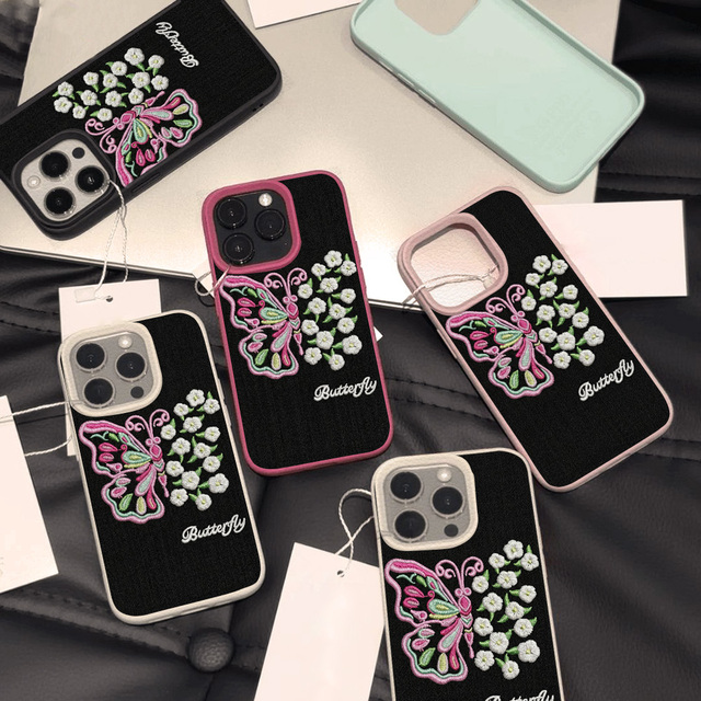 Butterfly & Daisy Embroidery Fabric Phone Case,Cute Floral Letter Print Soft Anti-Scratch Shockproof Protective Cover for iPhone