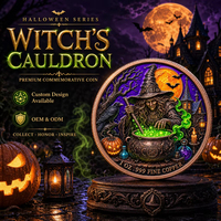 Pièce commémorative en cuivre fin 99,9 % de 1 once avec relief 3D, thème Halloween : Caldeirons de sorcière, Corbeau, Jack-o'-lantern, Potion. Souvenir, Cadeau de défi.