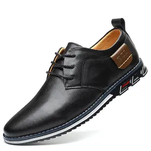 Zapatos informales de piel para hombre, calzado de trabajo de talla grande, tacón bajo, punta redonda, tendencia, suela blanda británica, novedad