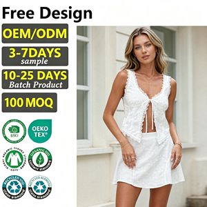 Custom Women 2 Piece Outfit Lace Trim Embroidered <b>Tie</b> Front Cami Top And Mini Skirt Summer Casual <b>Set</b> - Product Image 1