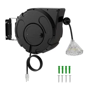 Extension Cord Reel 50 Ft Retractable With Triple Tap And 15 Amp Circuit Breaker, 14/3AWG 13A 125V ETL Standard