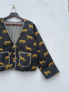 Trendsetting Women's Winter Jacket New Style Handmade Cotton <b>Quilted</b> Vintage Reversible Tiger Print Button Breathable Knitted - Product Image 3