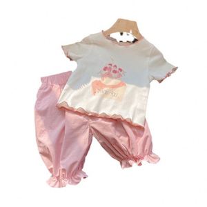 Set da bambino a manica corta moda 2024 estate nuovo cartone animato per bambine Set da due pezzi rosa stampa bambino - Product Image 1