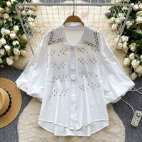 Chemisiers et chemises pour femmes personnalisés, chemise à col à manches lanternes ornée de diamants, chemise ample à simple boutonnage, haut décontracté pour femmes