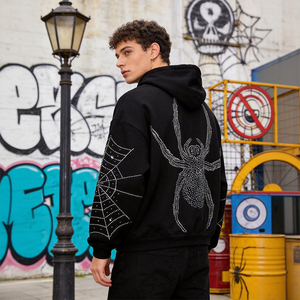 <span class=keywords><strong>Felpa</strong></span> con Cappuccio Corta da Uomo Personalizzata con Strass a Forma di Ragno, Stile Streetwear, Spalle Cadenti, per Commercio all'Ingrosso - Product Image 3