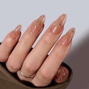 Almond 3D Gold <strong>Lines</strong> <strong>Design</strong> Short Square Press-On <strong>Nails</strong> with <strong>Nail</strong> Glue Gold Swirl Radiant Ribbons-Reusable - Product Image 1
