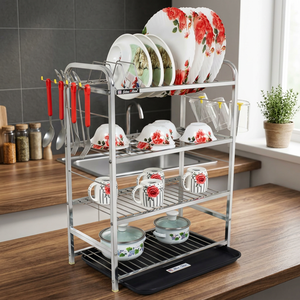 Étagère à vaisselle en métal à 4 niveaux Star Aim avec bac d'égouttage, support de rangement de cuisine sur pied pour assiettes, bols et tasses - Product Image 3