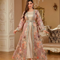 Ensemble Abaya Ouverte 2 Pièces pour Adultes en Polyester, Robe Musulmane Vintage à Imprimé Floral avec Bordure Strass, Kimono Extérieur et Satin Intérieur, Modeste pour Mariage
