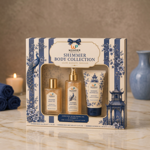 Coffret cadeau de nettoyant visage Shimmer Body Collection, huile de jojoba, vitamine E, emballage floral, logo personnalisé - Product Image 1