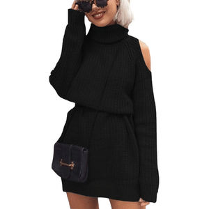 Maglione a collo alto Vestito Lungo Maglione Donne Maglione Largo Della Spalla del Vestito - Product Image 3