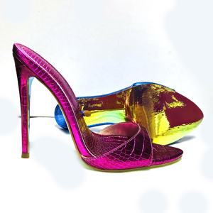 Sandale sexy grande taille pour femmes en cuir PU croco métallique bout pointu stiletto talon haut stiletto pantoufle sandale - Product Image 3