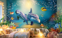 Papier peint 3D dessin animé dauphin sous-marin, autocollant amovible, motif corail et poissons océaniques, pour chambre d'enfant et décoration murale de crèche