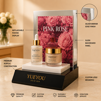 Présentoir de Comptoir en Acrylique Effet Miroir Argenté pour Soins de la Peau, Plateforme Multi-Niveaux avec Cadre d'Affichage Remplaçable