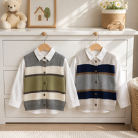 Ensemble gilet et chemise en tricot rayé pour enfants, col en V à rayures audacieuses, boutonnage, tenue deux pièces preppy pour garçons et filles, vente en gros OEM