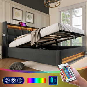 Cama de plataforma tapizada de tamaño completo con sistema de almacenamiento hidráulico, carga LED y USB - Product Image 5