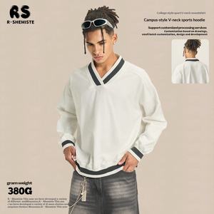 Pull ample à col en V pour homme, style British Academy, 380G, pur coton, automne, design contrasté, style Old Money - Product Image 4