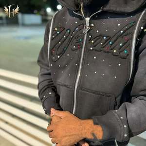 Sweat à capuche oversize pour homme de qualité supérieure, style streetwear, coupe courte, fermeture éclair 3 voies, délavé au soleil, doublé de strass, effet usé - Product Image 6