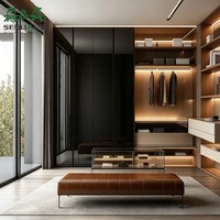 Dressing de luxe durable avec façade en verre, éclairage LED intégré, banc en cuir, design scandinave pour hôtel moderne