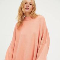 Nouvelle Arrivée Pull Décontracté Femme à Col Montant en Maille Côtelée Mélange Coton Épaules Tombantes