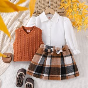 Camicia Preppy stile a maniche lunghe e gonna a quadri vestito da ragazza in tre pezzi con gilet per la primavera autunno - Product Image 2