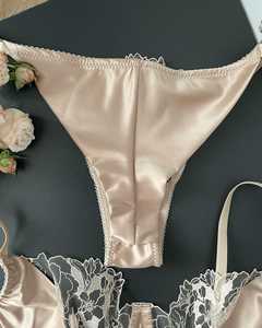 OEM ODM Beige Crocheted Lace Bow Ruffles Sexy Lingerie Set Classy Bra Panty Set Light Control Thin Birthday Gift Girlfriend <strong>Wife</strong> - Product Image 4