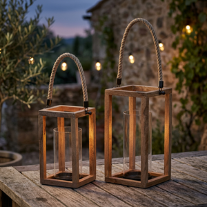 Mango Natural de vela de madera colgando de la Mesa o linterna con asa de cuerda (conjunto de 2) - Product Image 3