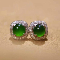 Kadınlar için Yeşil Kabaşon Halo Saplama Küpe, 11mm, Beyaz Altın Kaplama Pirinç Kübik Zirkonya Pave, Vintage