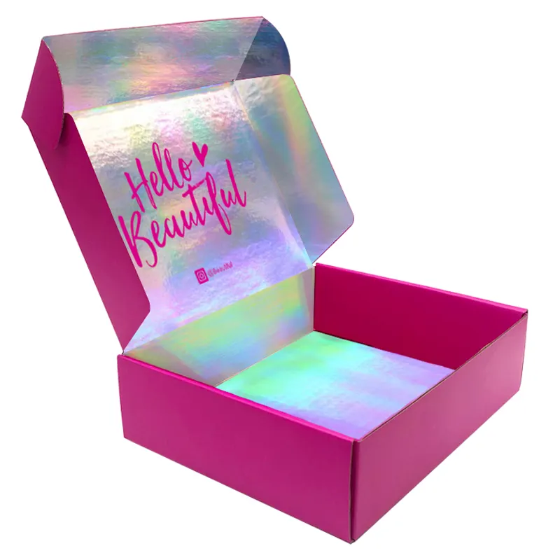 Custom Rainbow Holographic Mailing Subscription Packaging Boxes Pink Printing Iridescent Corrugated Paper Shipping Mailer Box