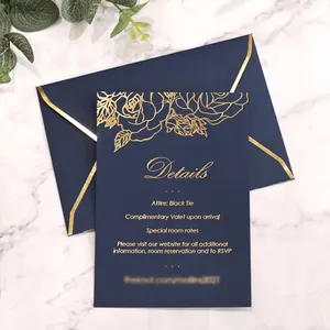 Creative Floral Design Drink Blue Paper Invitations With Gold Foil Envlopes DIY Craft Elegant Style Wedding Invitation Cards Set