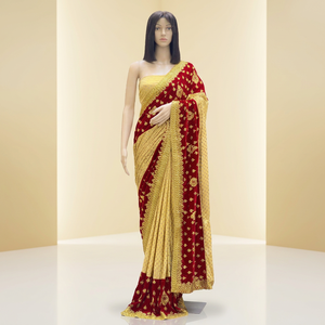 Sari en velours pur avec chemisier en soie Malai, broderie riche, bordure élégante et fantaisie, longueur au sol, pour soirée - Product Image 5