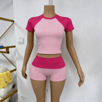 Vêtements tendance pour femmes 2026 – Ensemble décontracté 2 pièces color block avec haut raglan et short à cordon de serrage, logo personnalisé, coton élasthanne