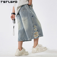Pantalones Cortos de Mezclilla para Hombre, Tejidos con Tela Sostenible, Corte Recto, Personalizados, Estilo Baggy, Desgastados, Lavado Oscuro, Vintage Y2K, Verano